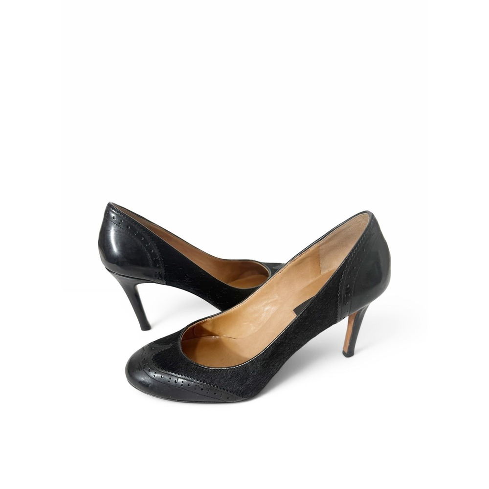Ann Taylor Womens Black Patent Leather and Calf Hair Wingtip Heel Pump Size 6.5